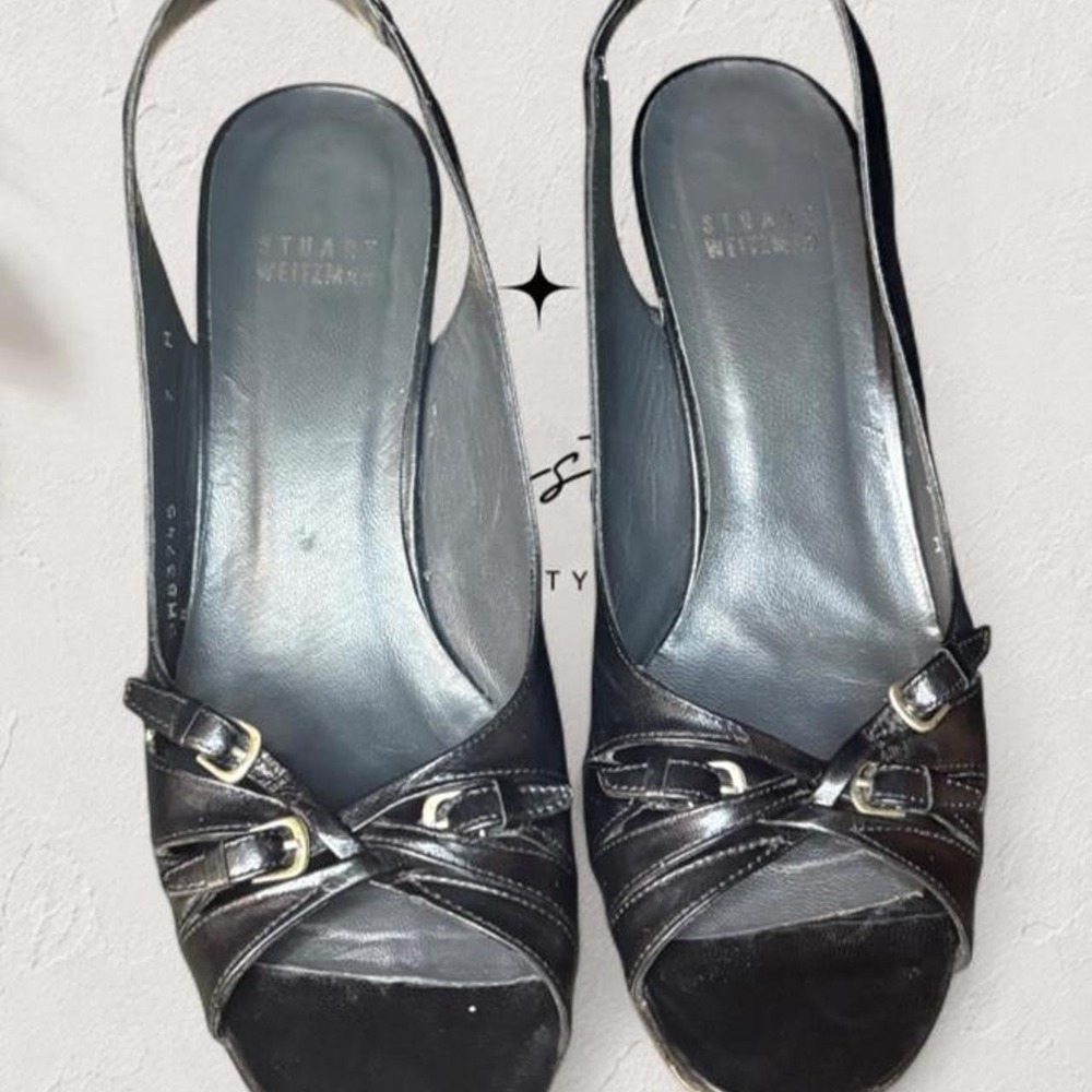 Stuart Weitzman Black Leather Slingback Peep Toe Kitten Heels Size 7 2H83745